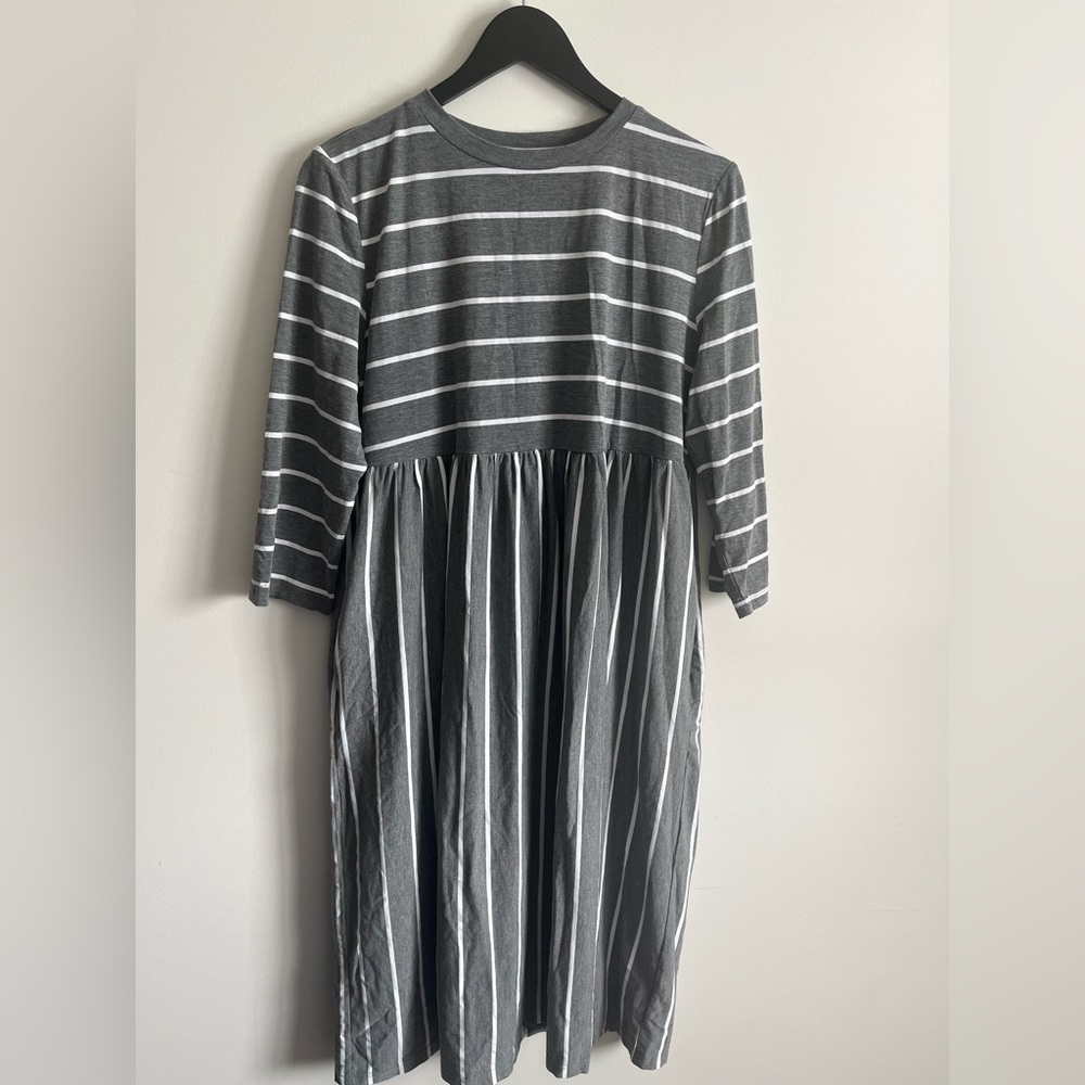 Striped Gray & White Midi Maternity Dress